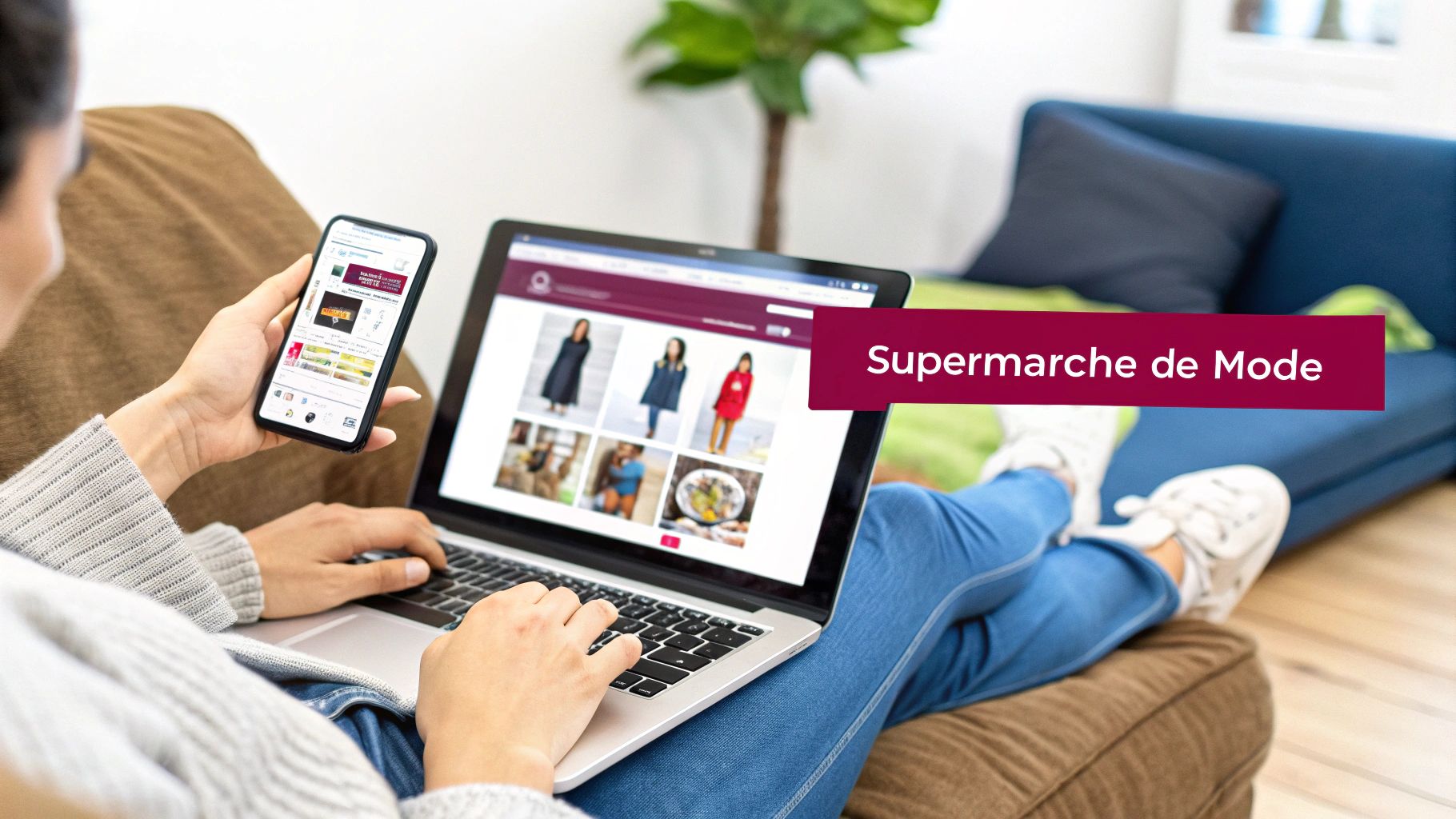 Une femme souriante regardant des vêtements sur son ordinateur portable