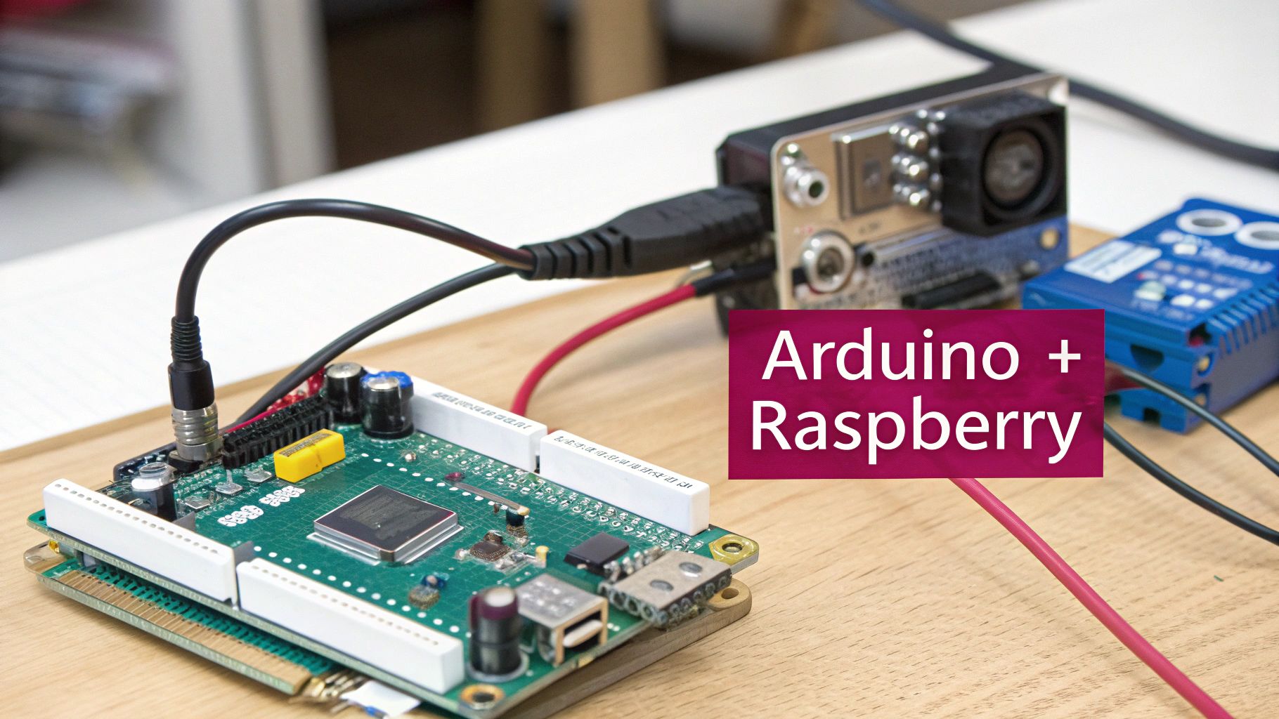 Un projet électronique complexe montrant un Raspberry Pi connecté à un Arduino via un câble USB