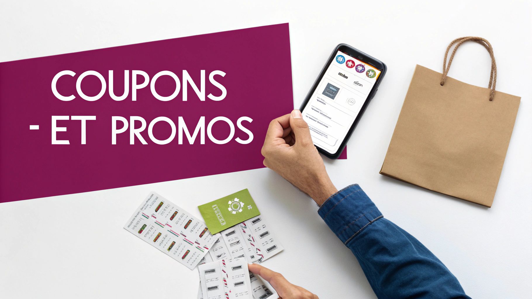 Une image stylisée avec des icônes de coupons et de pourcentages de réduction