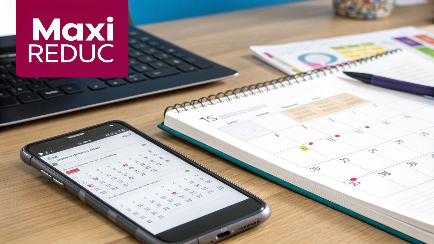 Une personne planifiant ses achats sur un calendrier avec des icônes de promotions et d'événements commerciaux.
