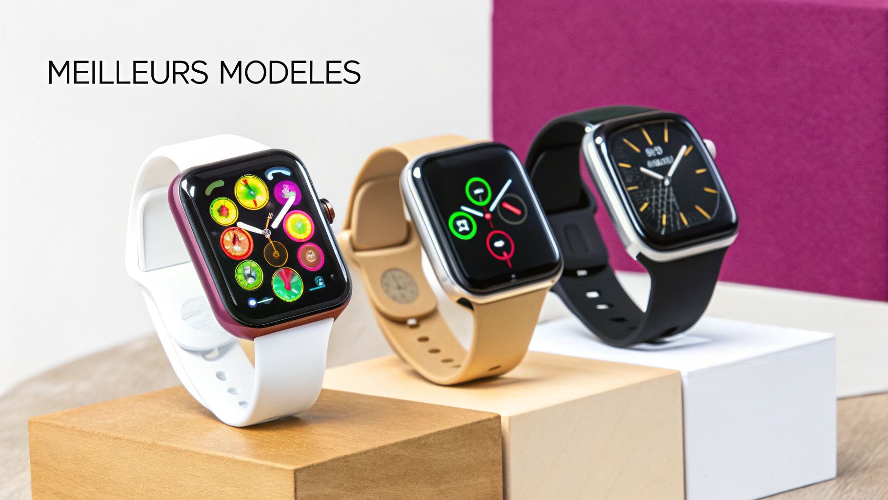 Une sélection de montres connectées modernes affichant différentes interfaces