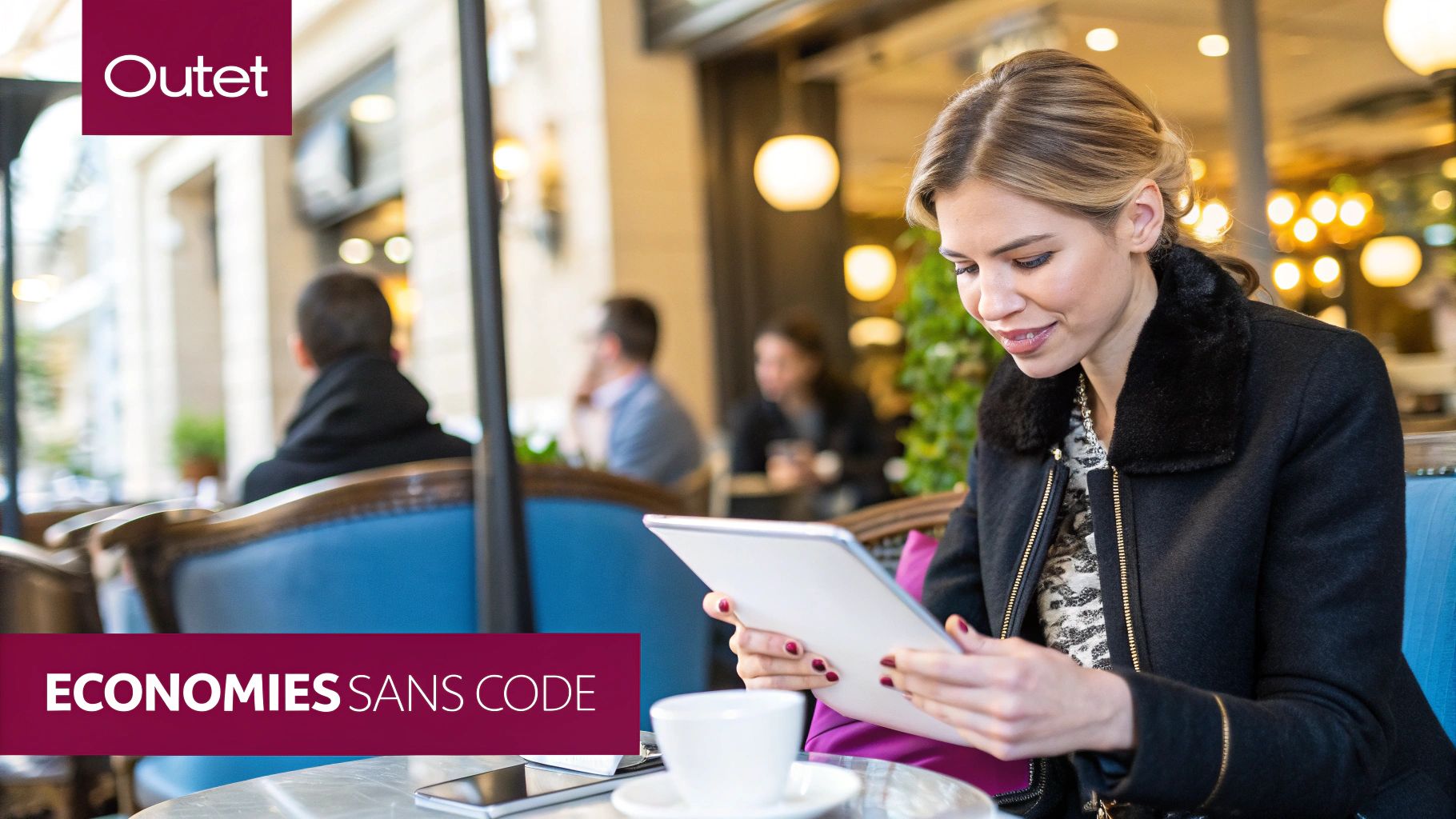 Une femme souriante choisissant des vêtements sur un marché en plein air, illustrant l'idée de shopping malin.