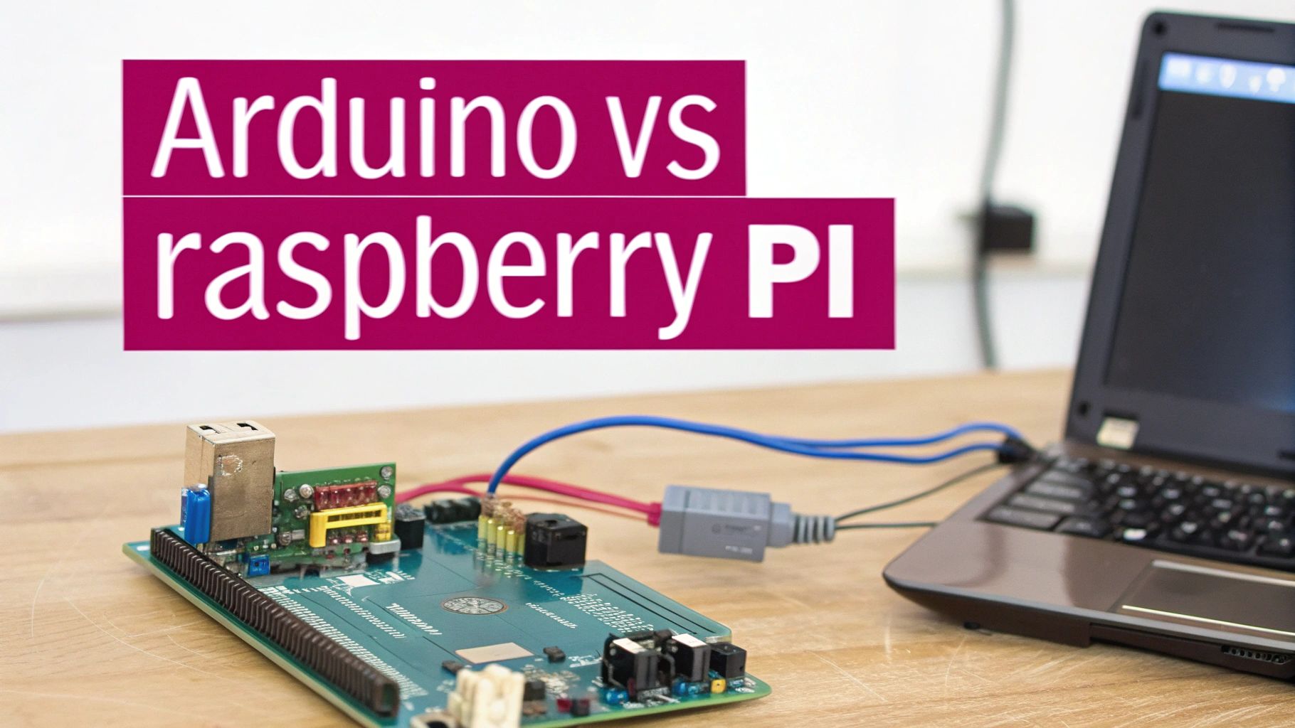 Un Arduino Uno et un Raspberry Pi 4 côte à côte sur une surface en bois