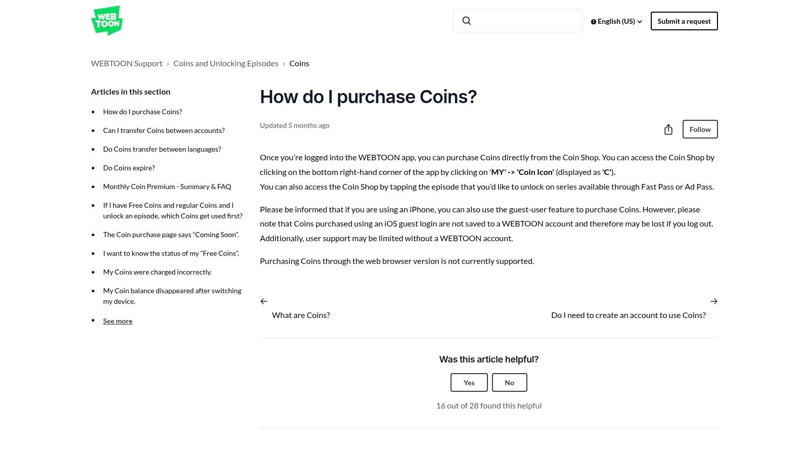 WEBTOON – Centre d'aide (Acheter/Utiliser des Coins)