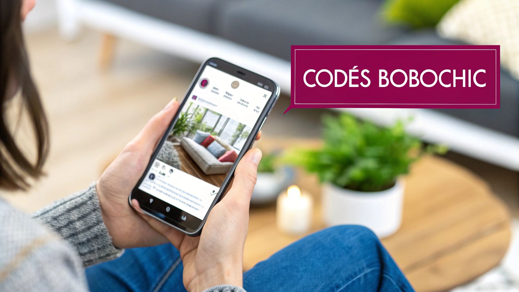 Une femme assise confortablement sur un canapé Bobochic, consultant son téléphone pour trouver des offres.