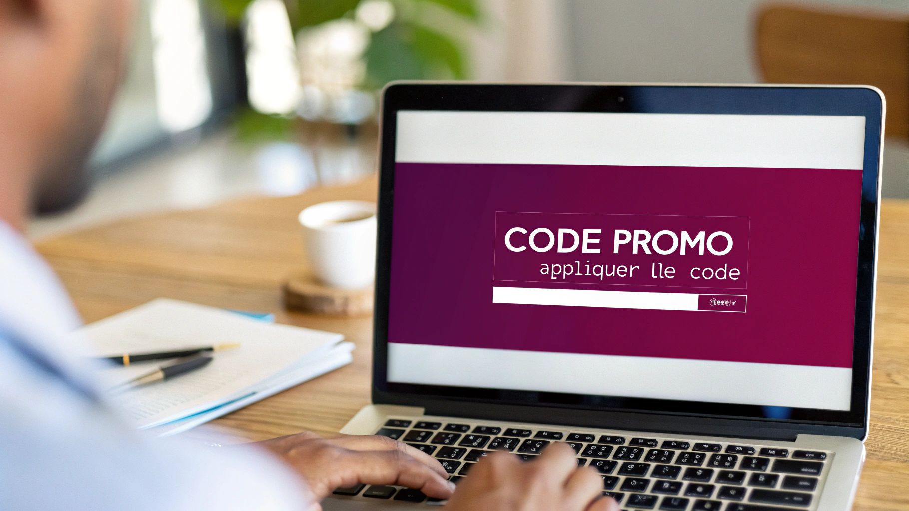 Femme utilisant un ordinateur portable pour faire des achats en ligne, représentant l'application d'un code promo