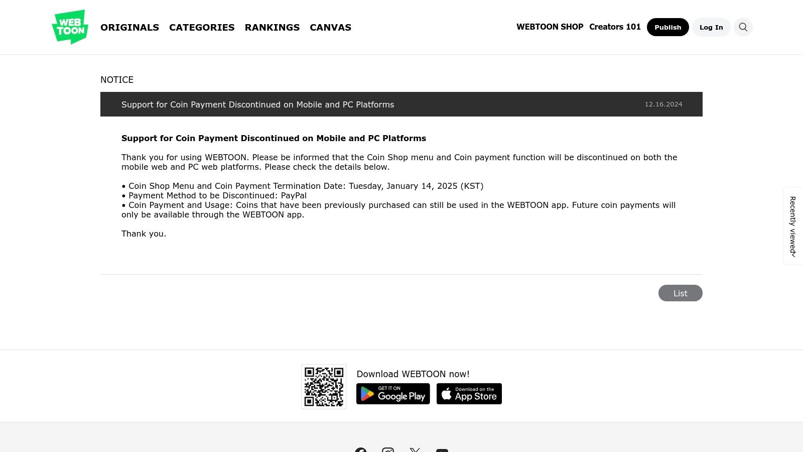 WEBTOON – Annonce officielle (fin des paiements web)