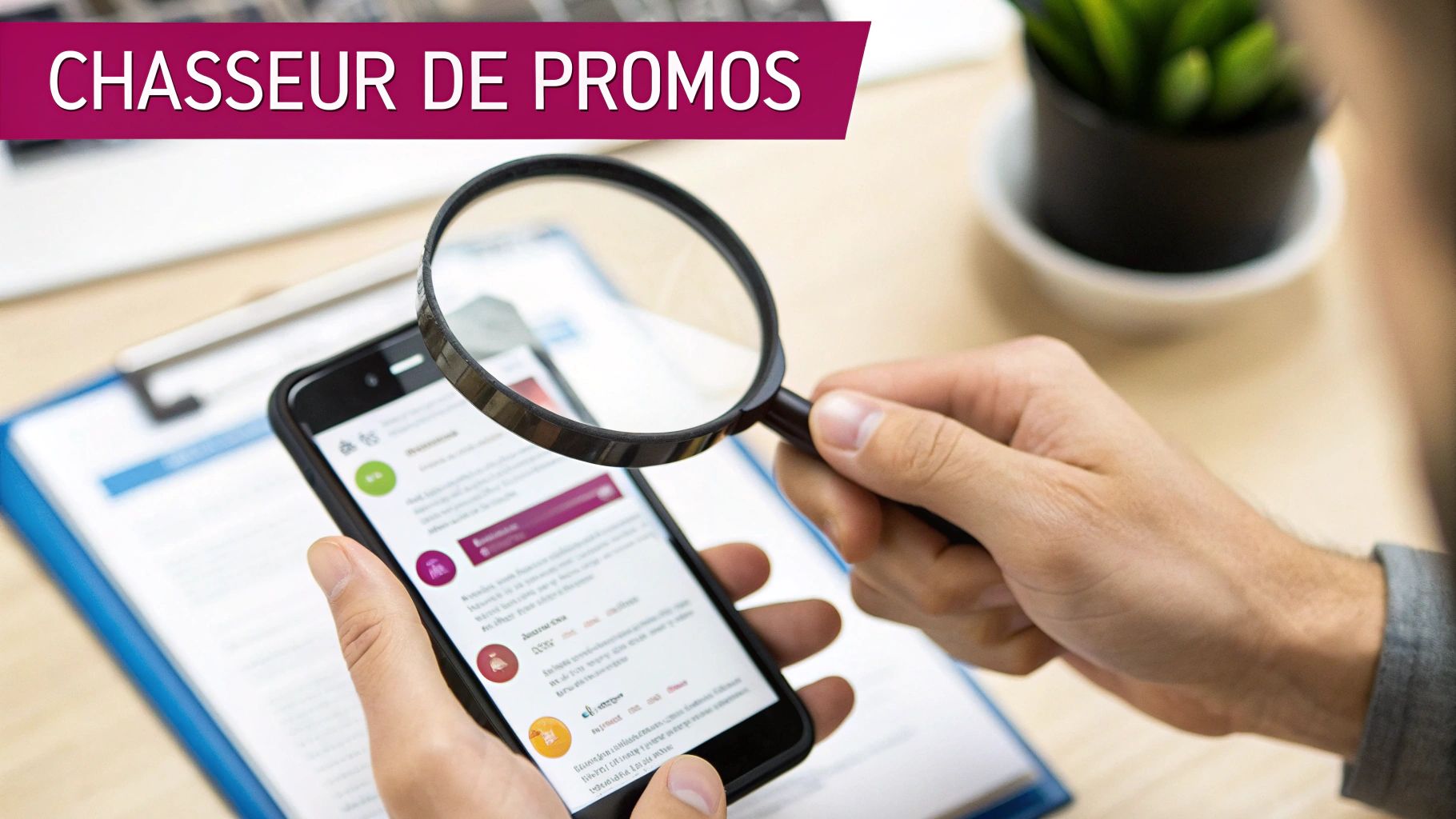 Une personne utilisant une loupe pour examiner un écran d'ordinateur affichant des offres en ligne