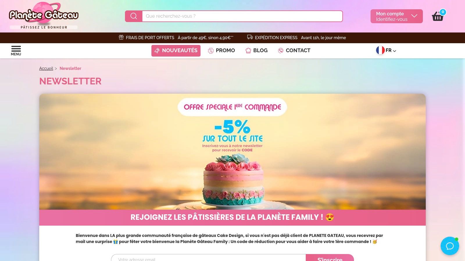 Planète Gâteau – Inscription Newsletter (code de bienvenue)