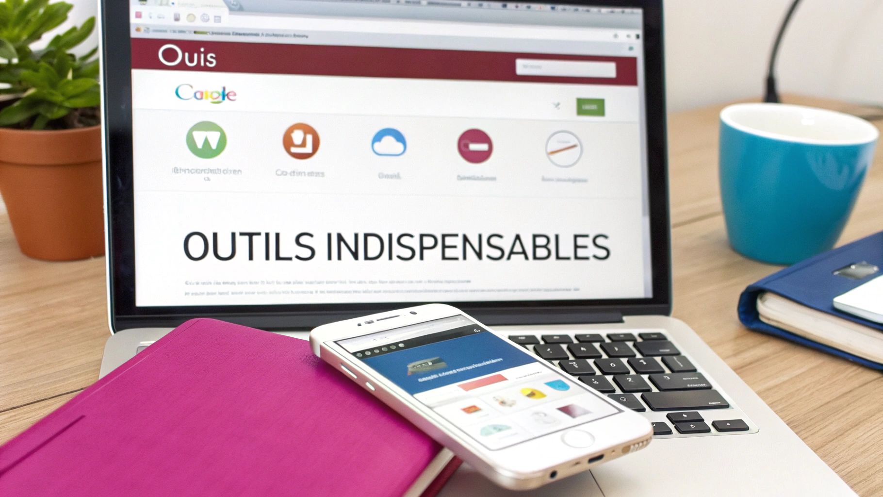 Une illustration d'outils numériques comme des applications mobiles et des extensions de navigateur autour d'un panier d'achat