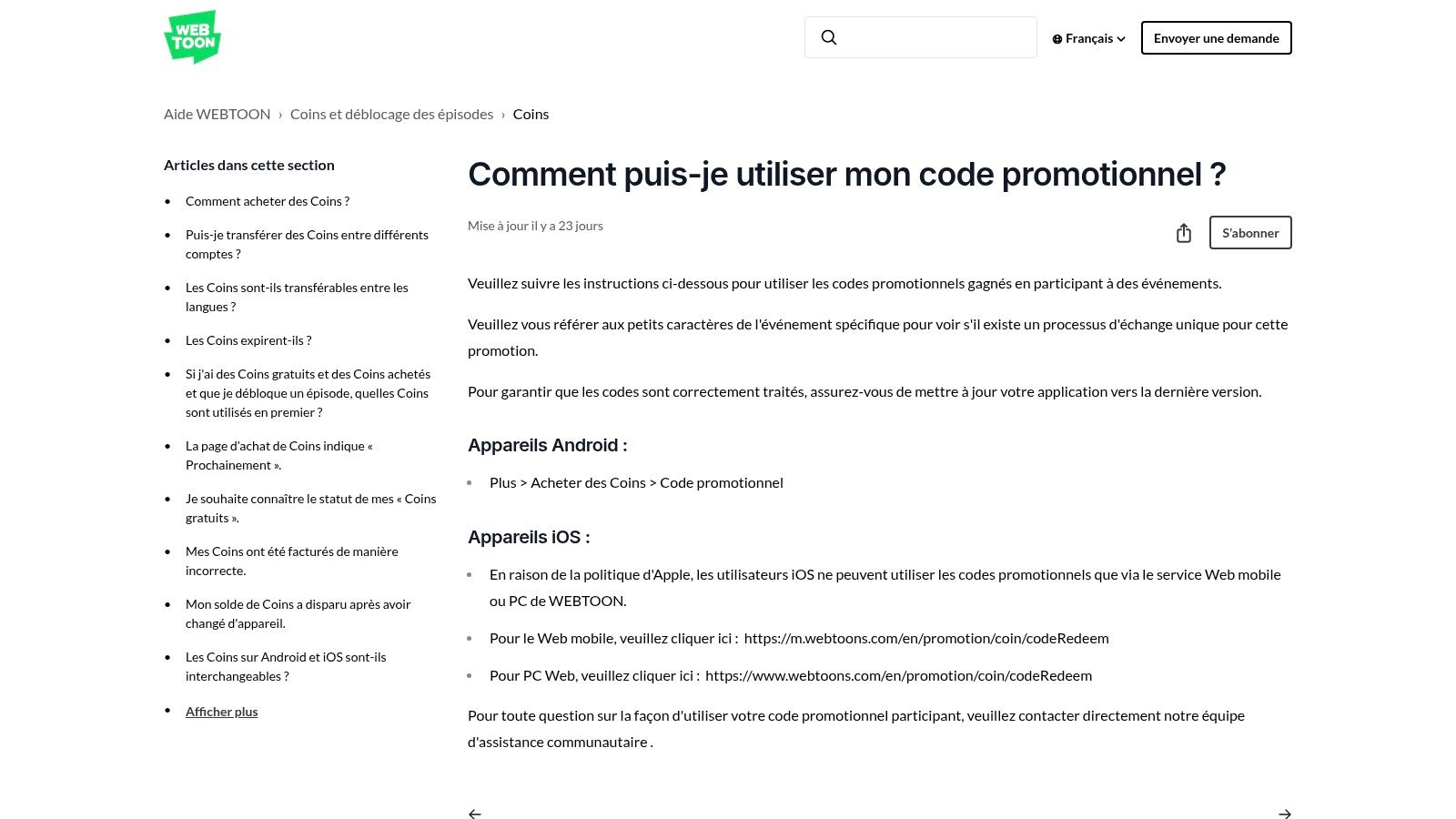 WEBTOON – Aide officielle (Comment utiliser mon code promotionnel)