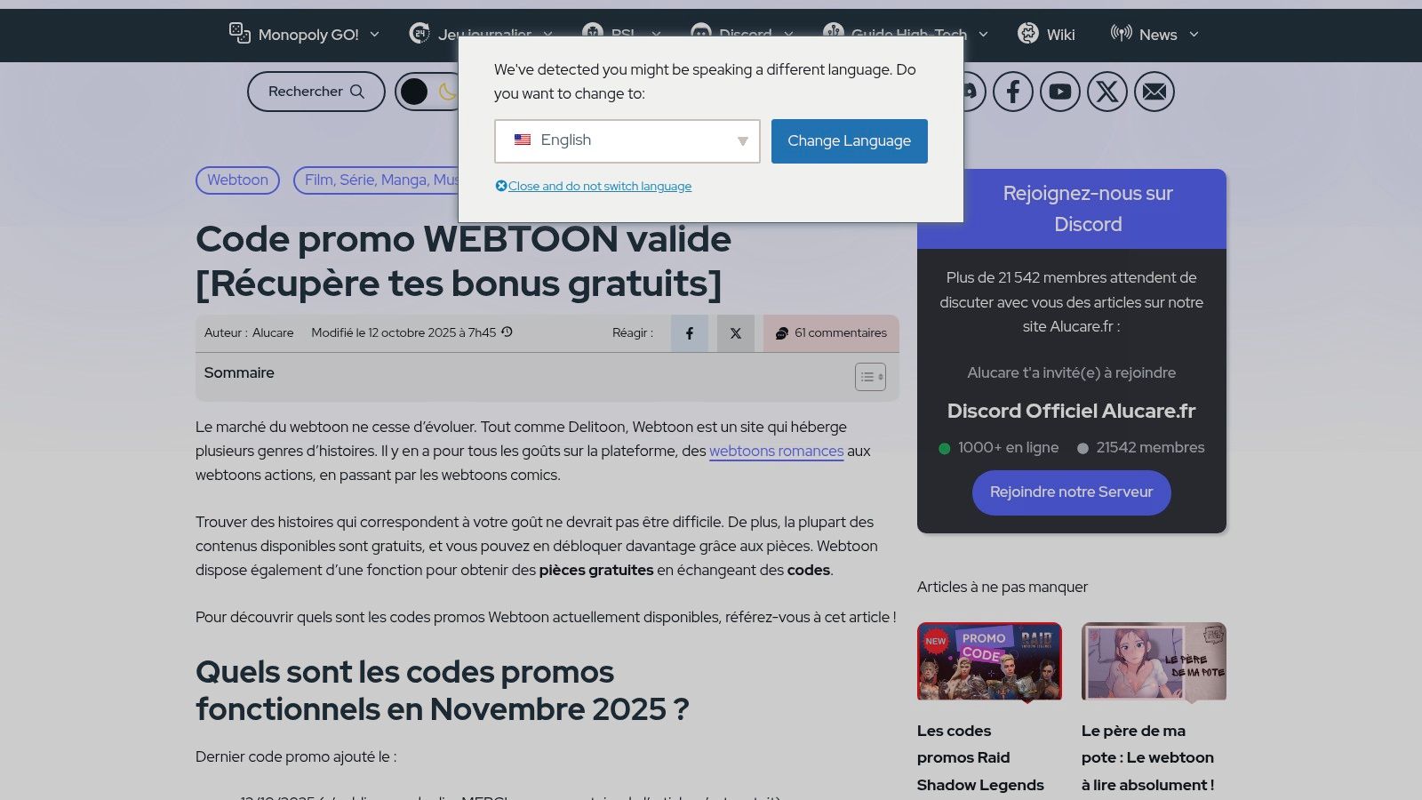 Alucare (FR) – Dossier Code promo WEBTOON (Coins)